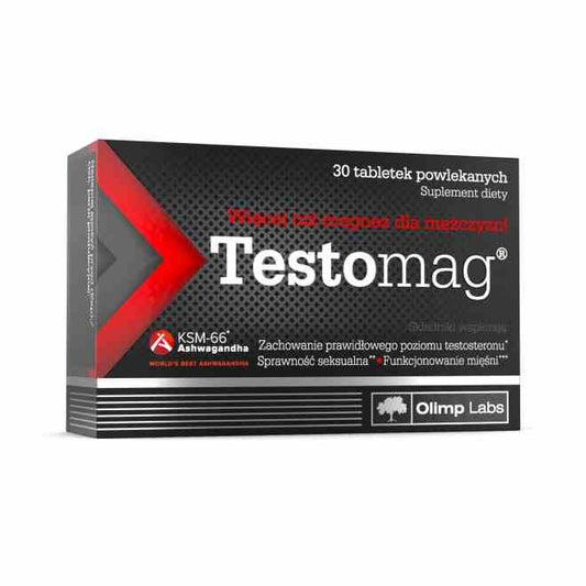 Olimp Testomag 30 Tabletten, Verpackung mit Tabletten, sichtbare Flasche und Etikett, für Muskelaufbau und Testosteronsteigerung