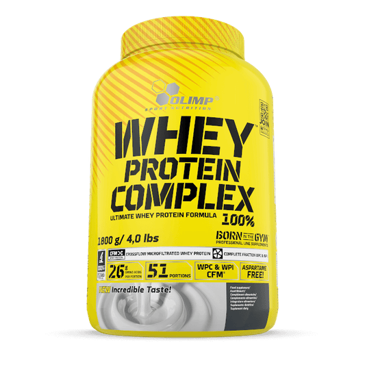 Olimp Whey Protein Complex mit gesalzenem Karamellgeschmack, 1,8 kg, Proteinpulver in Dose, Nahaufnahme der Verpackung