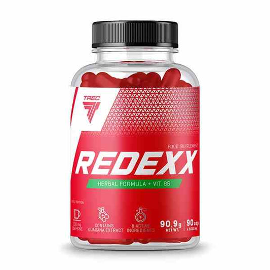 Trec Redexx 90 Kapseln, Nahrungsergänzungsmittel in einer weißen Flasche mit rotem Etikett und Kapselformat