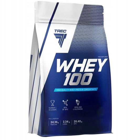 Trec Whey 100 Erdnussbutter-Geschmack Proteinpulver in 700g Packung, Nahaufnahme der Verpackung und Produktbeschreibung