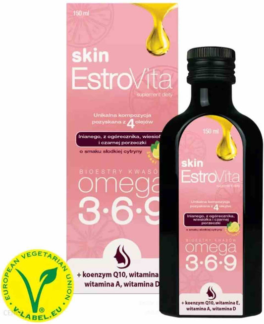 EstroVita Skin Omega 3-6-9 für Frauen, 150 ml Flasche mit süßem Zitronengeschmack, zeigt die Produktflasche vor weißem Hintergrund