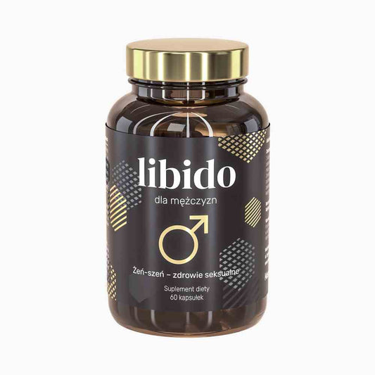 Noble Health Libido für Männer in 60 Kapseln, Nahaufnahme der Verpackung mit Kapseln auf weißem Hintergrund