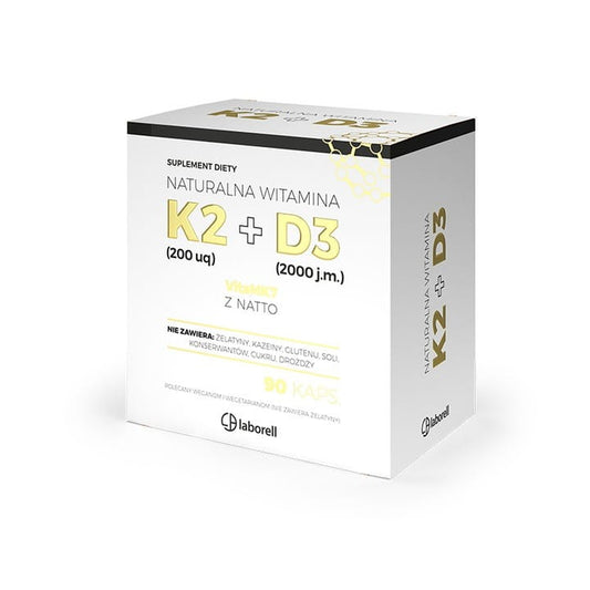 Laborell Vitamin D3 2000 IU und K2 200 mcg in 90 Kapseln, Nahaufnahme der Kapseln in einer Packung