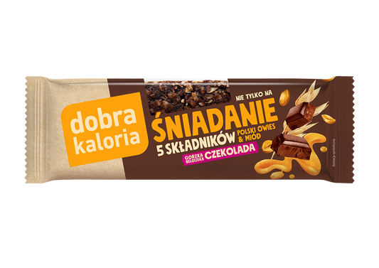 Dunkle Schokolade Hafer Frühstücksriegel von DOBRA KALORIA, 40g, mit knusprigem Hafer und Schokoladengeschmack.