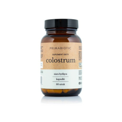PrimaBiotic Colostrum Kapseln von Prima Zdrowie, braune Kapseln auf weißem Hintergrund, Nahrungsergänzungsmittel für das Immunsystem.
