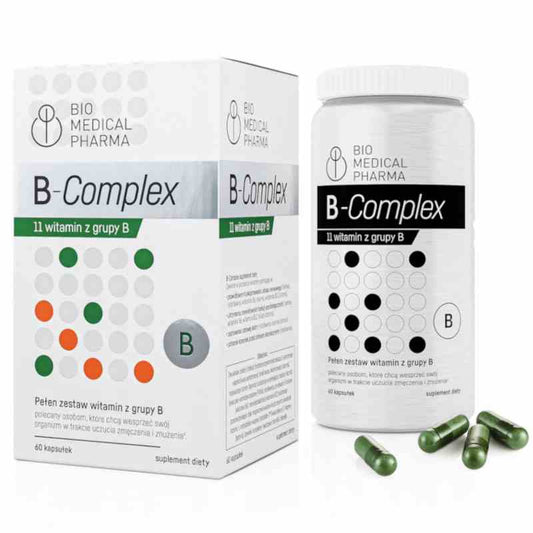 Bio Medical Pharma B-Komplex Kapseln, 60 Stück, Nahaufnahme der weißen Kapseln in einer Packung auf weißem Hintergrund