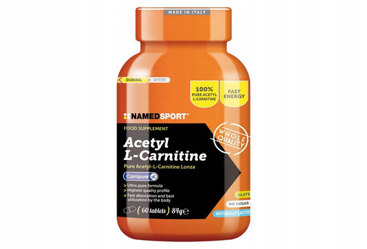 Namedsport Acetyl L-Carnitin 1000 mg Tabletten, Nahaufnahme der Packung mit Tabletten und Produktbeschreibung