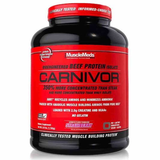 MuscleMeds Carnivor Erdbeergeschmack Proteinpulver in 1792 g Verpackung, kreative sportliche Nahrung mit Erdbeeraroma