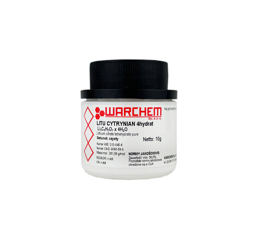 Reines Lithiumcitrat 4-Hydrat, 10g Packung von WARCHEM, chemische Substanz in einer transparenten Verpackung.