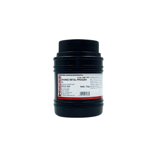 Reines Magnesiummetallpulver in 100g Verpackung von WARCHEM, feines, silbriges Metallpulver auf weißem Hintergrund