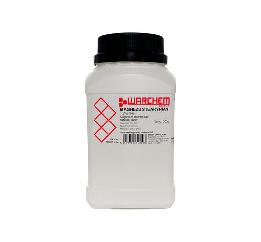 Reines Magnesiumstearat in 500g Verpackung, biologisch, von Biogo.de, feines weißes Pulver auf weißem Hintergrund