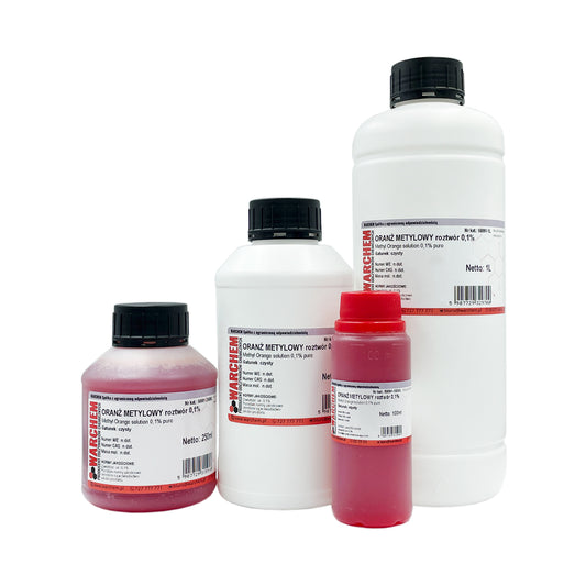 METHYLORANGE-Lösung 0,1 % in 100 ml Flasche, chemische Reagenz von WARCHEM, klare orange Flüssigkeit in Glasflasche