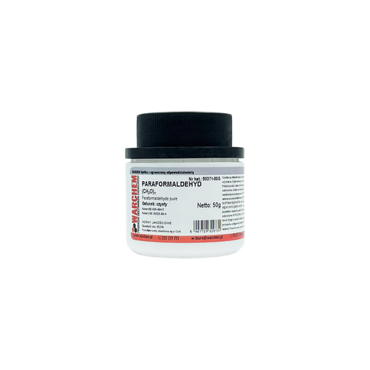 Rein Paraformaldehyd 50g von Biogo.de, chemisches Reagenz in transparentem Behälter, ideal für chemische Anwendungen