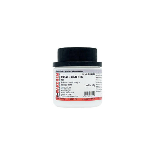 Potassiumhydrogencarbonat in 50g Verpackung von WARCHEN, chemische Substanz für Labor und Industrie, auf weißem Hintergrund.