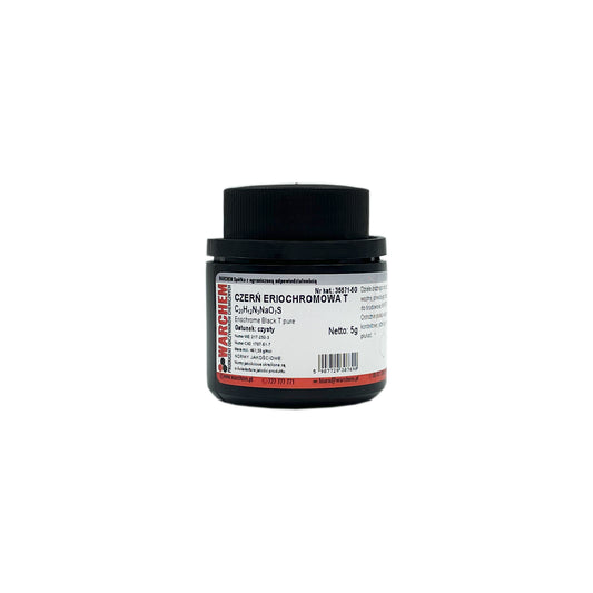 Rein schwarz ERIOCHROME BLACK T Pulver 5g von WARCHEM, feines Produkt für chemische Anwendungen, auf weißem Hintergrund.