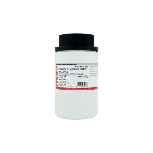 MANGAN (II) Chlorid 4-Hydrat, 100g, Biogo.de, chemische Substanz in transparentem Behälter auf weißem Hintergrund