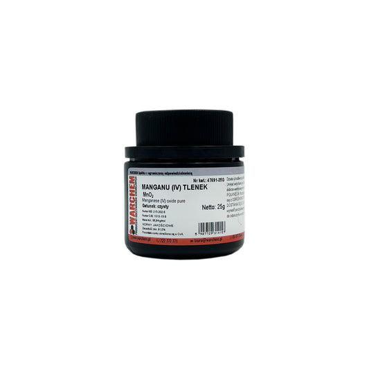 Reines Mangandioxid (IV) in 25g Verpackung von WARCHEM, chemische Substanz mit dunkelgrauer Farbe und kristalliner Struktur.