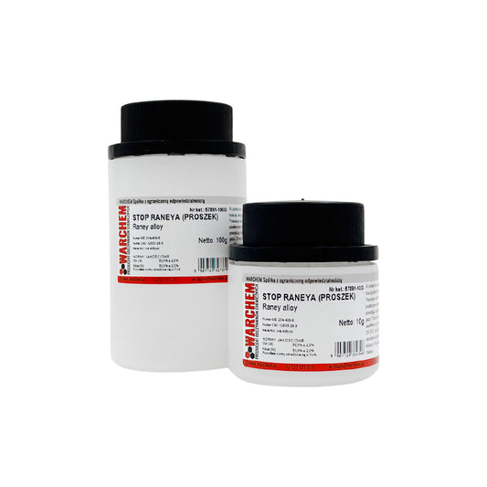Pulversorte von Raney's Alloy in 10g Verpackung, hergestellt von Warchem, zeigt das glänzende metallische Pulver.