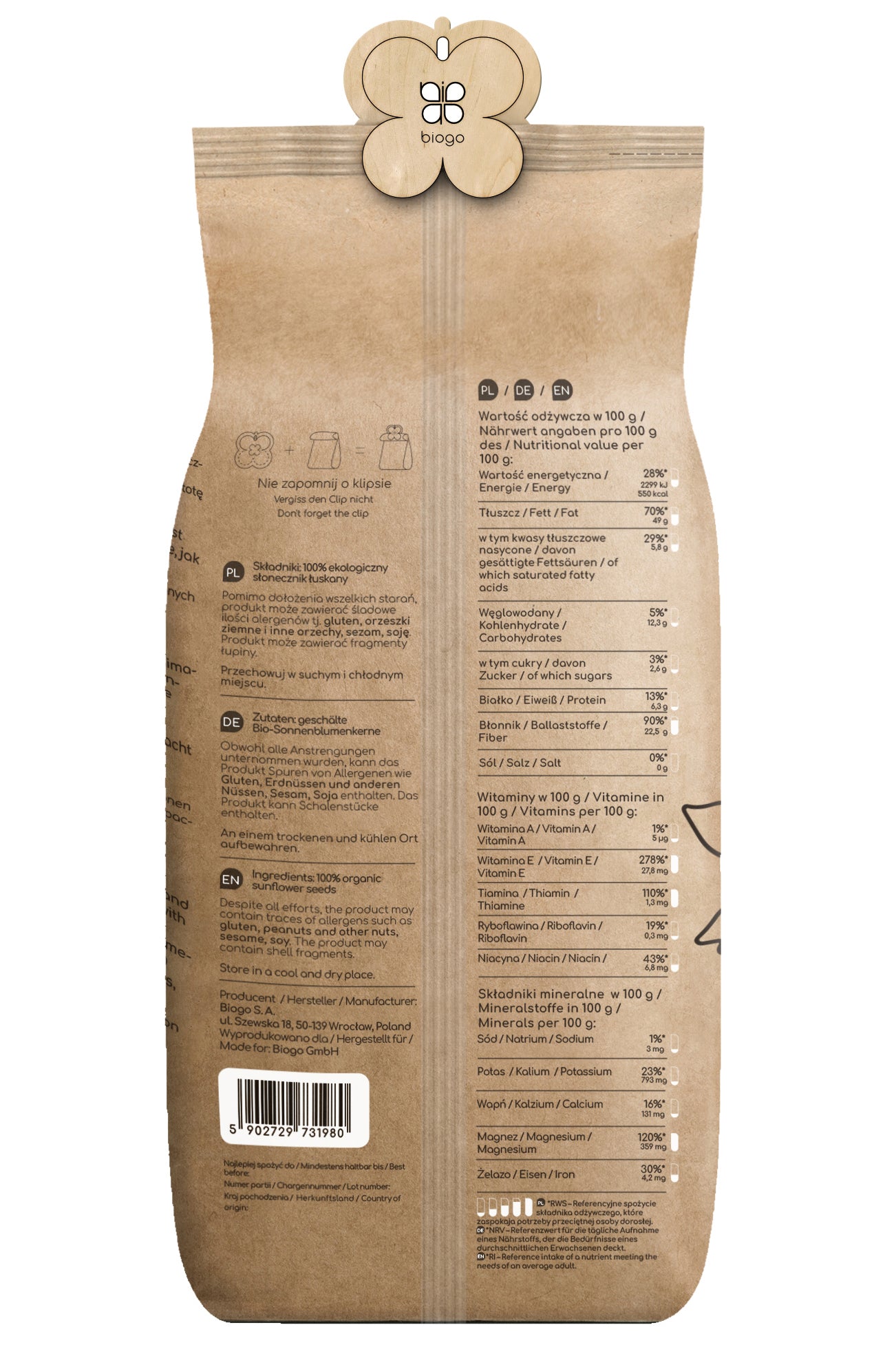 SEMILLAS DE GIRASOL PELADAS ORGÁNICAS 1 KG BIOGO Imagen secundaria del producto