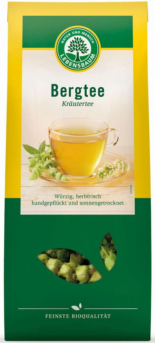 Bio Bergtee (Gojnik) von LEBENSBAUM, 30 g, frisch und getrocknet mit grünen Blättern und kleinen Beeren.