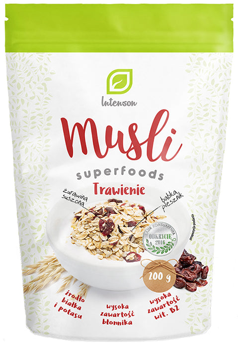 Hafermüsli mit Verdauungsförderung, 200g Packung, INTENSON EUROPE, zeigt eine Schale mit Müsli und frisches Obst