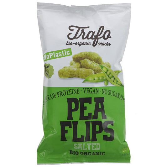 Bio-Erbsen-Chips von TRAFO aus grünen Erbsen, knusprige Snack-Alternative, in 75 g Packung sichtbar.