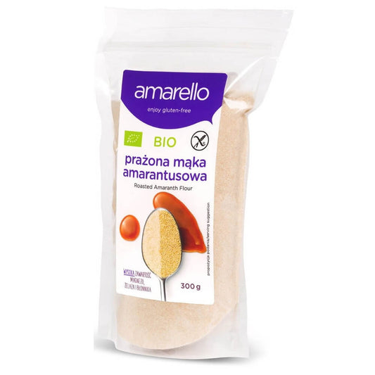 Geröstetes glutenfreies Amaranthmehl BIO von AMARELLO, 300 g, feines braunes Pulver in einer Packung.