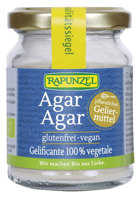 Glutenfreier Agar BIO von RAPUNZEL in 60 g Packung, Nahaufnahme der Verpackung mit Produktbeschreibung.