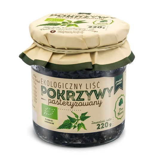 Brennnesselblätter pasteurisiert BIO von DARY NATURY, 220 g, frische grüne Brennnesselblätter in Packung.