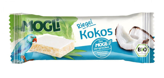 BIO-Kokosriegel von MOGLI, 25 g, mit frischer Kokosnuss, naturbelassen und handgefertigt, auf einem weißen Hintergrund.
