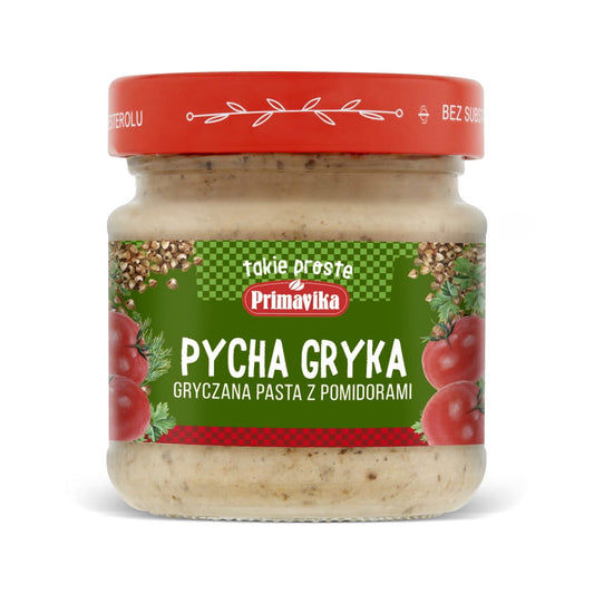 Glutenfreie Buchweizenpaste mit Tomaten von PRIMAVIKA, 160 g, cremige Textur in einem Glas.