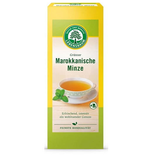 Bio grüner Tee mit marokkanischer Minze von LEBENSBAUM, 20 Tütchen à 2 g, frisch und aromatisch in einer Verpackung.
