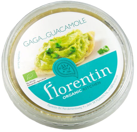 Glutenfreier Bio-Guacamole-Dip mit Avocado in 100 g Verpackung von FLORENTIN, cremige Konsistenz, frische Zutaten sichtbar