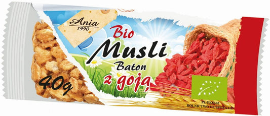 Bio Müsliriegel mit Gojibeeren von BIO ANIA, 40 g, zeigt die Packung mit Riegeln und Gojibeeren auf der Verpackung.