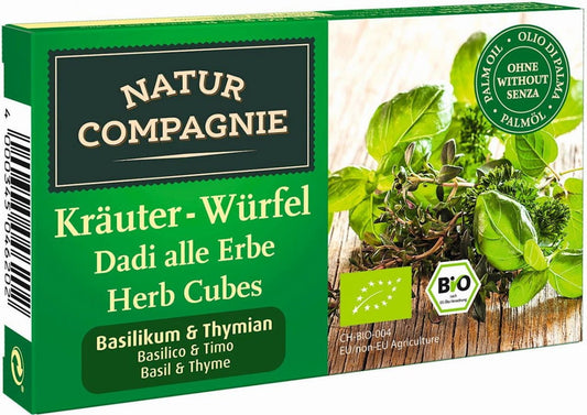BIO Kräuterwürfel mit Basilikum und Thymian von NATUR COMPAGNIE, 80 g, Nahaufnahme der grünen Kräuterwürfel in einer Packung
