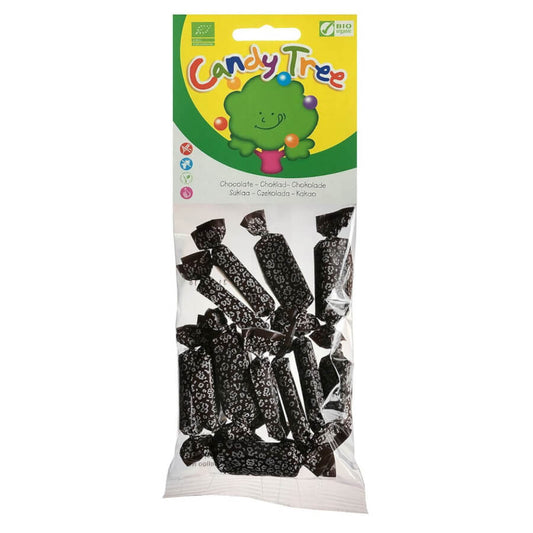 Glutenfreie Schokoladen-Geschmack Bonbons von CANDY TREE, BIO, 75 g, helle Bonbons in einer Packung auf weißem Hintergrund