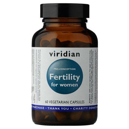 VIRIDIAN Fruchtbarkeit für Frauen, 60 Kapseln, close-up der Verpackung und Kapseln auf weißem Hintergrund