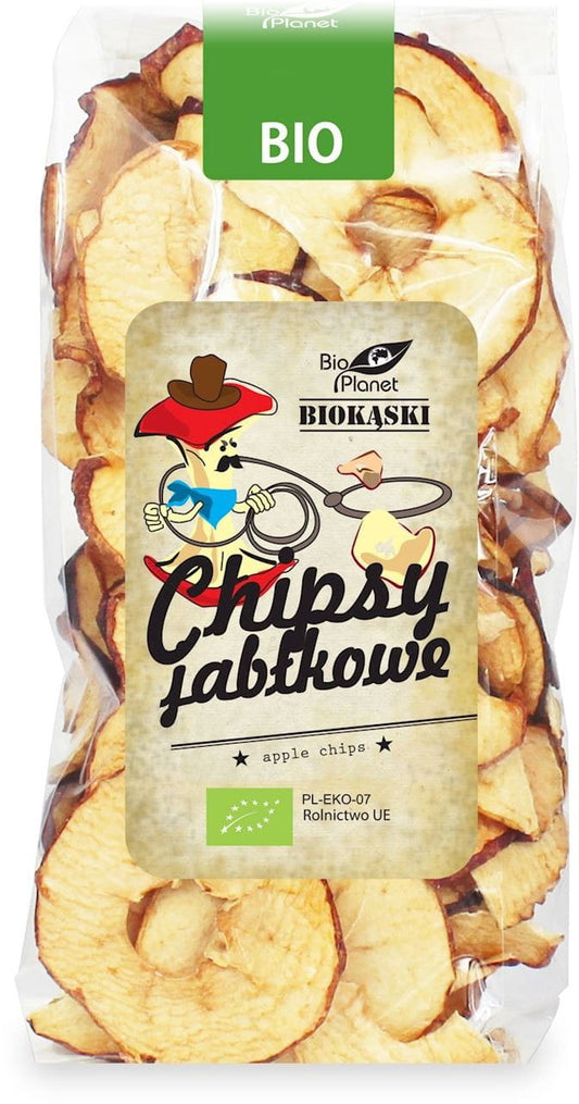 Bio Apfelchips in 100 g Packung von BIO PLANET, knusprige und frische Apfelchips auf weißem Hintergrund