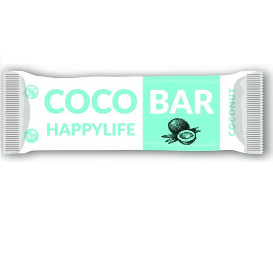 Bio glutenfreier Kokosriegel von HAPPYLIFE, 40 g, mit Kokosnuss und natürlichen Zutaten, zeigt den Riegel in Nahaufnahme.