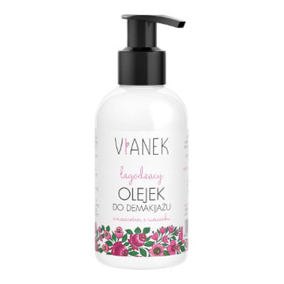 Beruhigendes Make-up-Entferneröl von VIANEK in 150ml Flasche, zeigt das Öl mit sanfter Textur und natürlichem Design.