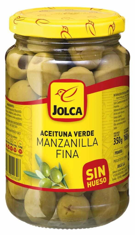 Grüne entsteinte Oliven von Jolca, 350 g, in einer durchsichtigen Verpackung.