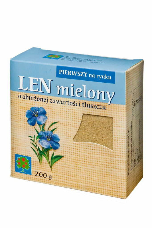 Gemahlener Flachs von EKOPRODUKT in 200 g Packung, feine braune Leinsamen für gesunde Ernährung.