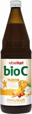 BIO C Saftmischung von VOELKEL in 750 ml Flasche, unterstützt das Immunsystem, enthält natürliche Früchte und Bio-Zutaten.