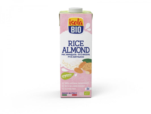 Glutenfreies Mandelreisgetränk BIO von ISOLA BIO, 1000 ml, cremige pflanzliche Milch in einer Flasche.