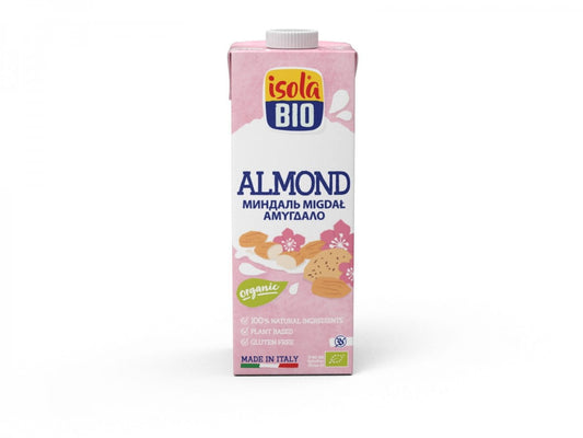 Glutenfreier Bio-Mandeldrink von ISOLA BIO, 1000 ml Flasche, cremige Mandeldrinkschaum in einer transparenten Flasche.