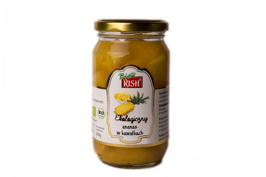 Bio Ananasstücke in Ananassaft von RISH, 350 g, saftige und frische Ananas in natürlichem Ananassaft.