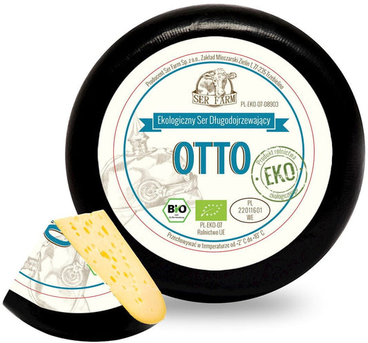 Bio-Otto-Käse von SER FARM, Bauernhofkäse, ca. 350 g, frischer Schnittkäse mit natürlichem Fettgehalt auf einer Holzplatte.