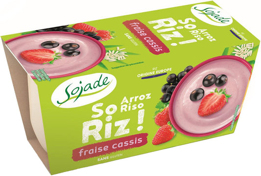 Laktosefreies und glutenfreies Erdbeer-Reis-Dessert mit schwarzer Johannisbeere von SOJADE, 2x100 g BIO, cremige Fruchtmischung
