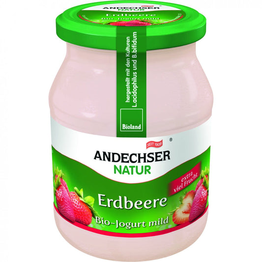 Bio Erdbeerjoghurt von ANDECHSER NATUR in 500 g Becher, cremige Textur mit frischen Erdbeeren, ideal für Frühstück und Snacks