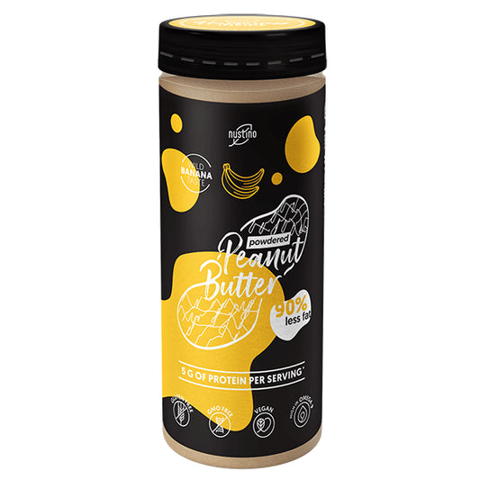 Banane mit Erdnussbutterpulver in 200g Packung, NUSTINO Los Hermanos, fruchtig und nussig, auf weißem Hintergrund.
